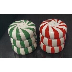 Vintage 1998 Figis Salt & Pepper Shaker Set Red Green Peppermint